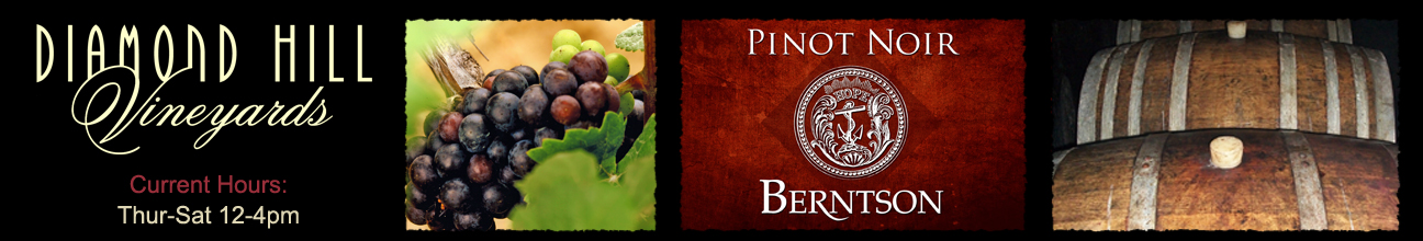 Pinot Noir grapes on the vine, Detail from the wine label, French Oak barrels used for aging.