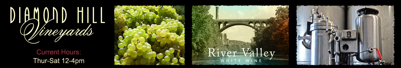 Harvested white grapes, Wine label showing local bridge, Stainless steel winery equipment.